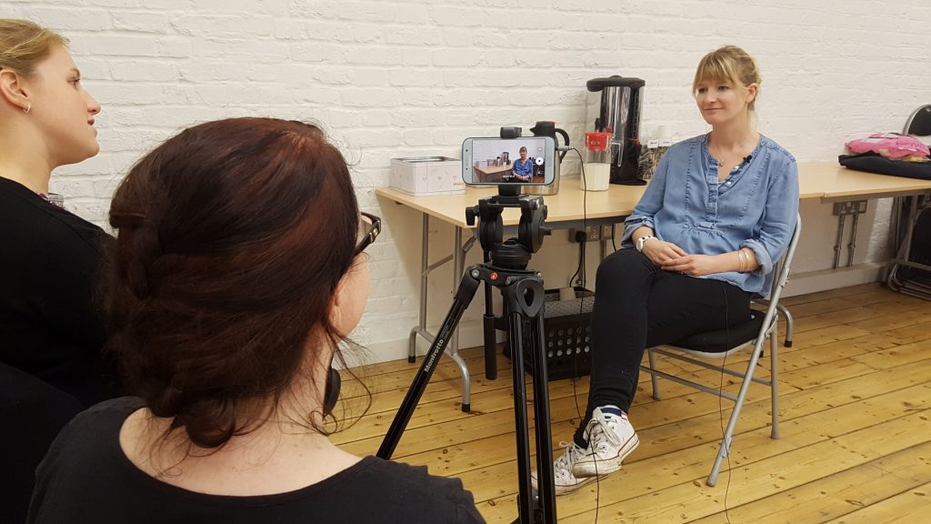 a smartphone interview taking place